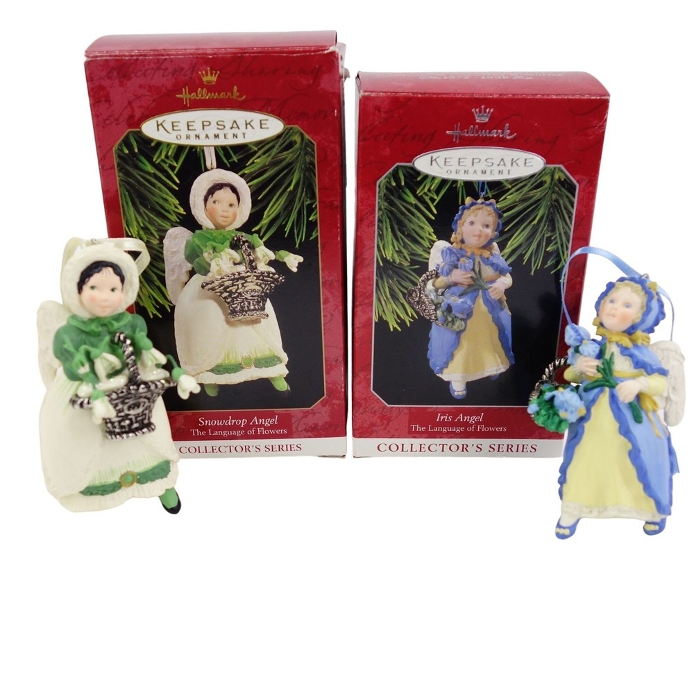 Vintage The Language of Flowers Iris Angel and Snowdrop Angel Hallmark Ornaments